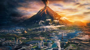 日落時活火山噴發的城市景觀