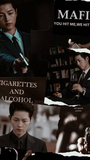 穿西裝男人的拼貼畫，有槍和酒杯，黑幫文字疊加。 — 美學拼貼 壁紙