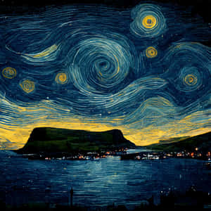 在旋轉的星空下，沿海村莊閃爍著黃色的星星。 — 星空夜 壁紙