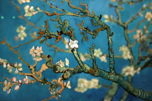 杏仁樹枝條上開著白色的花朵，襯托著鮮豔的藍色背景。
