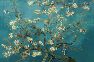 梵高畫作，杏仁樹枝條上盛開白色花朵，以青綠色背景襯托。