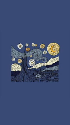 夜空，帶有漩渦狀的星星和新月，位於村莊和柏樹之上。 — 星空夜 壁紙