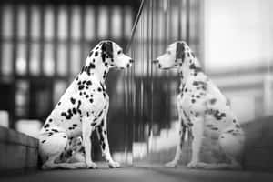 一隻大麥町犬坐著看著自己在玻璃窗中的倒影。 — 斑點狗 壁紙