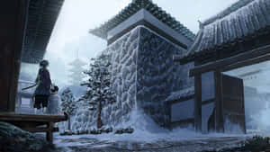 兩個穿著冬裝的動漫角色站在門廊上，俯瞰著一個有寶塔的雪景日本庭院。 — 鬼滅之刃 壁紙