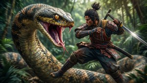 武士戰士在叢林中與巨蛇搏鬥