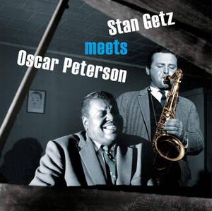 Stan Getz 和 Oscar Peterson 在爵士樂演奏中，與色士風和鋼琴微笑。 — 音樂 GIF 壁紙