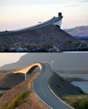日落時分，靠近水和山脈的彎曲海岸道路，上面有橋樑和卡車。