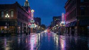 雨夜的都市街道，發光的霓虹招牌在潮濕的瀝青路面上反射。