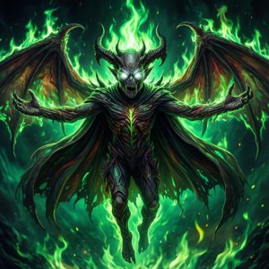 一個帶有發光眼睛和翅膀的惡魔形象，被綠色火焰包圍。