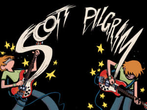 Scott Pilgrim彈奏電結他，星星在他周圍飛舞。 — 卡通 壁紙