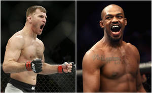 兩名男性MMA拳手在八角籠內慶祝勝利。