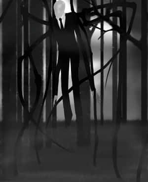 瘦長人（Slenderman）在黑暗的森林中，四肢修長，沒有面孔。