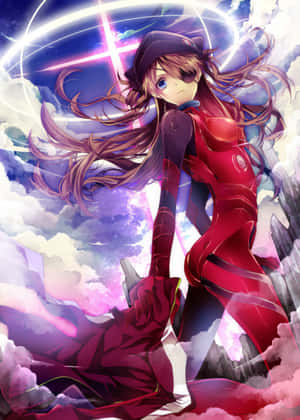 動漫女孩穿著紅色套裝，站在宇宙雲層中，身後有發光的十字架。 — 霓虹 iPhone 壁紙