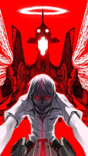 紅眼動漫男孩面對一個黑暗有翼、眼睛發光的惡魔，背景是紅色。