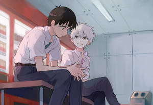 兩個穿著校服的動畫男孩緊挨著坐在火車長椅上。 — 可愛動漫頭像gif 壁紙