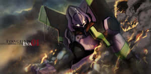 Evangelion 機體在暴風雨的天空下，於火焰和煙霧中戰鬥。