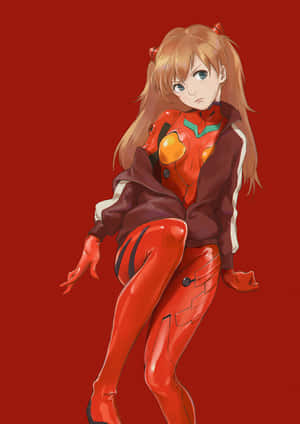 動漫女孩穿著紅色未來風格套裝，帶貓耳，背景為紅色