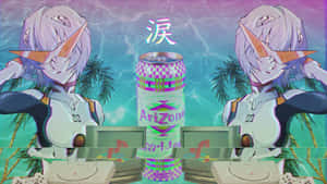 動漫角色夾著汽水罐，旁邊有復古遊戲機和棕櫚樹。