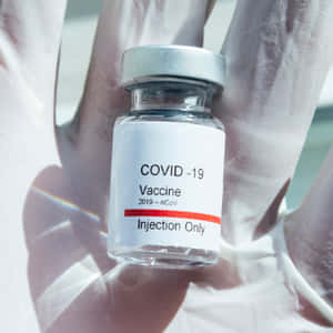 戴手套的手拿著帶有紅色條紋的COVID-19疫苗小瓶。
