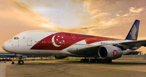 新加坡航空A380在夕陽下的機場停機坪