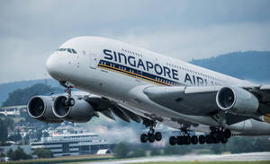 新加坡航空A380飛機從跑道上升，起落架放下。