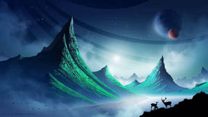 兩隻鹿站在懸崖上，看著在一個有浮動行星的星空外星天空下發光的山脈。