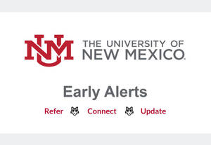 新墨西哥大學Early Alerts服務，帶有狼圖標，用於參考、連接和更新。
