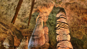 高聳的石筍和鐘乳石在溫暖色調的照明洞穴中。