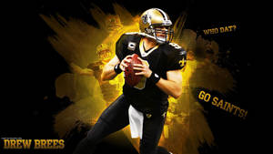 身穿聖徒隊制服的美式足球員持球，帶有「Who Dat?」和「Go Saints!」文字。