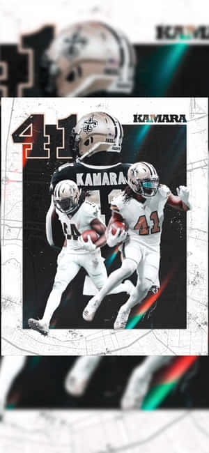 NFL 球員 Alvin Kamara 身穿聖徒隊球衣，在動態數位藝術中持球奔跑。 — 阿爾文·卡馬拉 壁紙