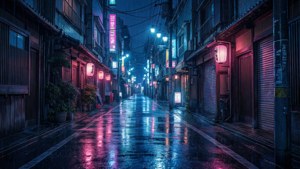 霓虹燈光在寧靜的日本小巷中反射在濕漉漉的人行道上。
