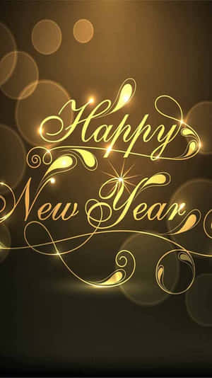 金色 'Happy New Year' 文字配上發光散景燈光，適合慶祝。