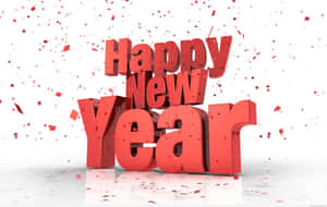 紅色3D Happy New Year文字，白色背景上有飄落的五彩紙屑。 — 新年動畫 壁紙