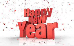 紅色3D Happy New Year文字，白色背景上有飄落的碎紙。