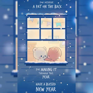 兩隻熊在雪窗前擁抱，帶有新年祝福文字。 — 深藍色美學 壁紙