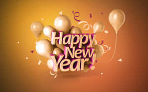 在溫暖的漸變背景上，帶有氣球和五彩紙屑的Happy New Year文字。 — 美學 壁紙