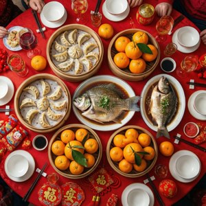 一個傳統的中國新年晚餐桌，有餃子、魚、橙子和紅色裝飾。 — Tecno Phantom 壁紙