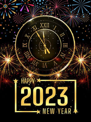 金色時鐘配煙花和「Happy 2023 New Year」文字，用於除夕。