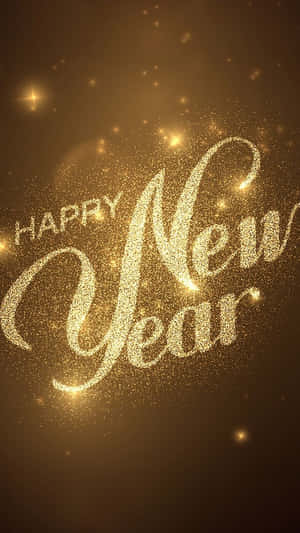 以閃爍金色字體書寫的新年快樂訊息，搭配閃爍的燈光。