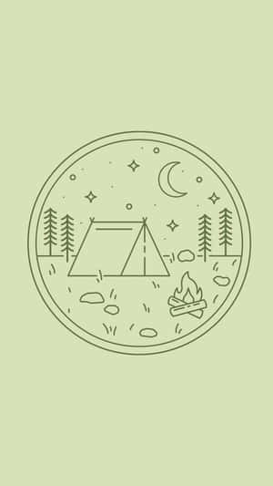 新月下的露營場景，有帳篷、火和樹木 — 露營 壁紙