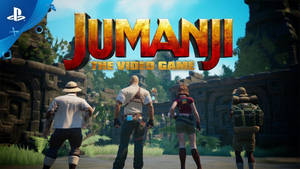 四位冒險者在叢林中，有古老廢墟和Jumanji電子遊戲標題。