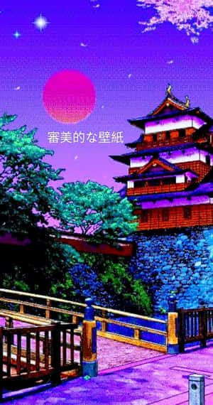 動漫城堡在粉紅色太陽下與櫻花共處暮色中。