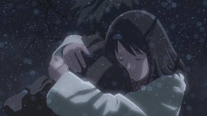 動漫女孩在雪中擁抱自己（夜晚） — 角落生物 壁紙