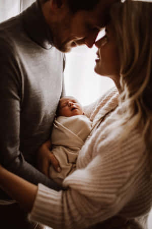 父母抱著並凝視著他們熟睡的新生嬰兒。