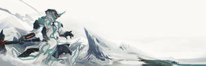 動漫風格中站在雪山上的未來裝甲戰士