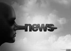 超現實黑白人物，鼻子呈 news 一詞形狀，背景陰天。