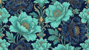華麗的花卉壁紙，在深色背景上以金色勾勒出綠松石色和海軍藍色的牡丹花。
