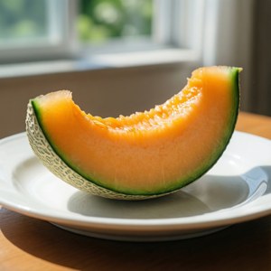 一塊哈密瓜放在陽光充足的窗邊白色碟子上。