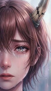 一個哭泣的動漫女孩，斷角，淚水流滿臉頰。