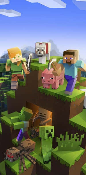 Minecraft玩家和生物在懸崖上，下方有一個洞穴。 — 我的世界 壁紙